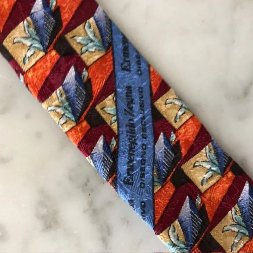 ERMENEGILDO ZEGNA Silk Leaf Geo Block Orange Blue Red Tie - Picture 11 of 15